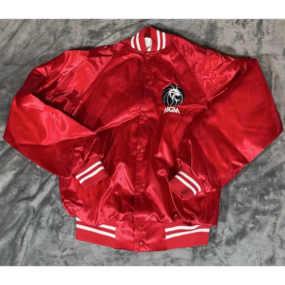 MGM Jacket Mens Small Red Satin‎ Varsity Bomber Snap Front Lion Logo USA